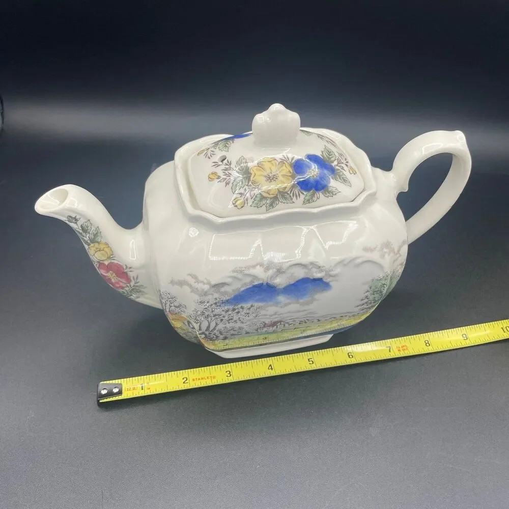 Vintage James Sadler Square Cube Teapot English Country Cottage Garden Scene